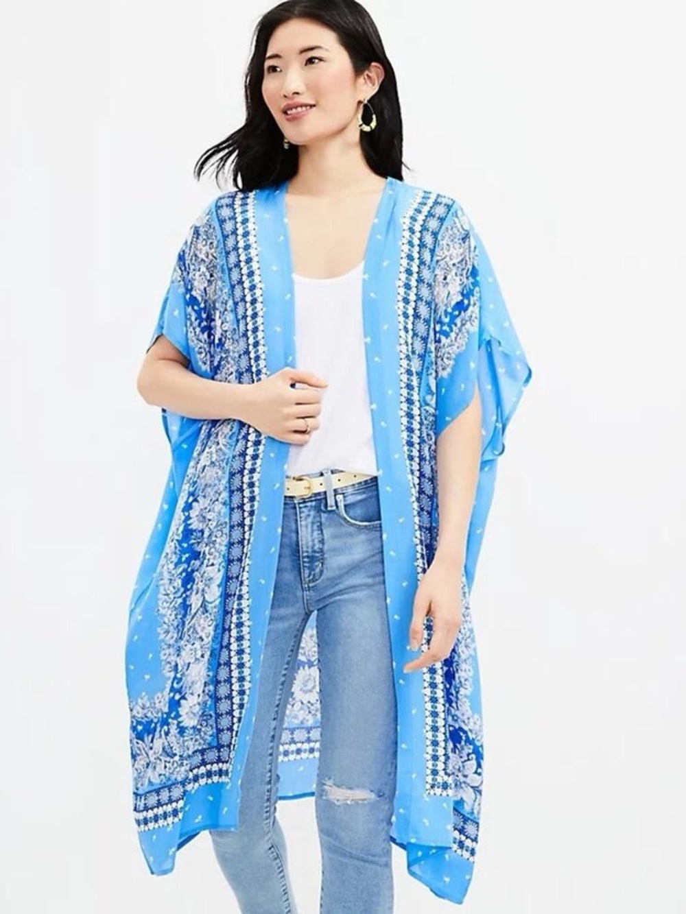 LOFT XS/S Light Blue Floral Border Kimono Duster. NWOT